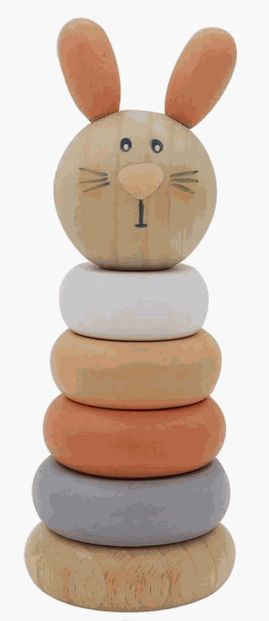 Wooden stacking toy with colorful rings and bunny head for toddlers