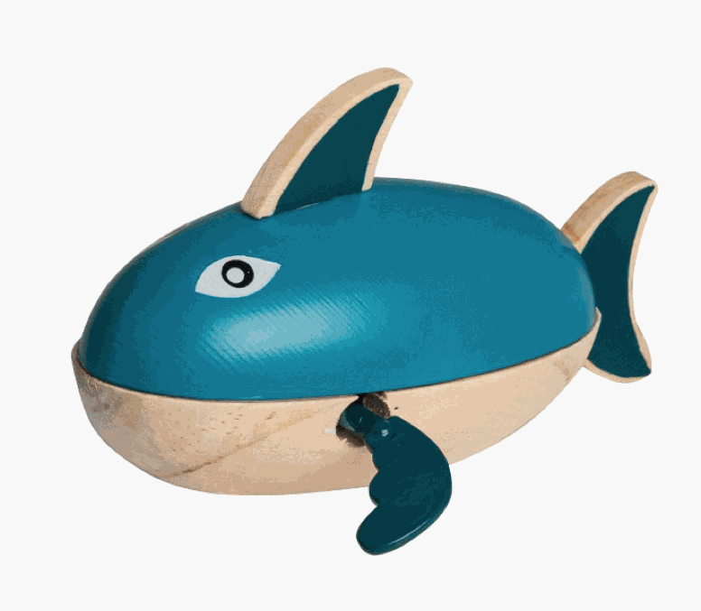 Wind-up water shark toy in blue and beige for bath and pool play