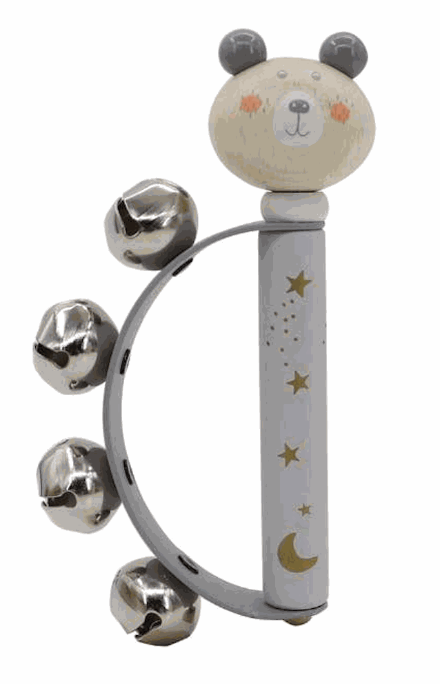 Wooden Animal Baby Bell Ring with bear design and jingling bells for infant sensory play