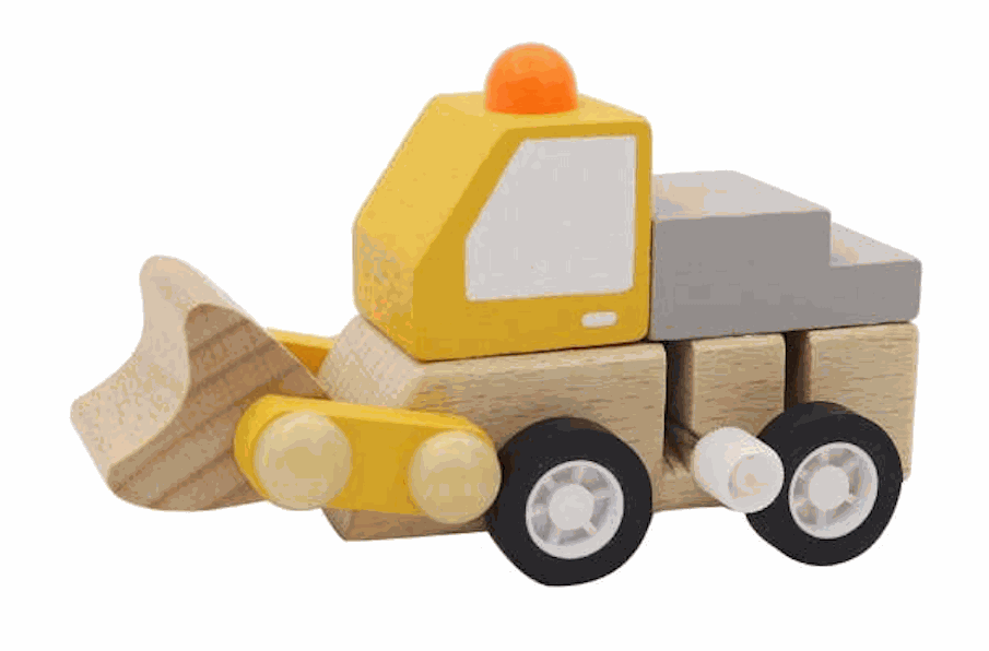 Wooden wind-up construction truck toy with yellow cabin and realistic design