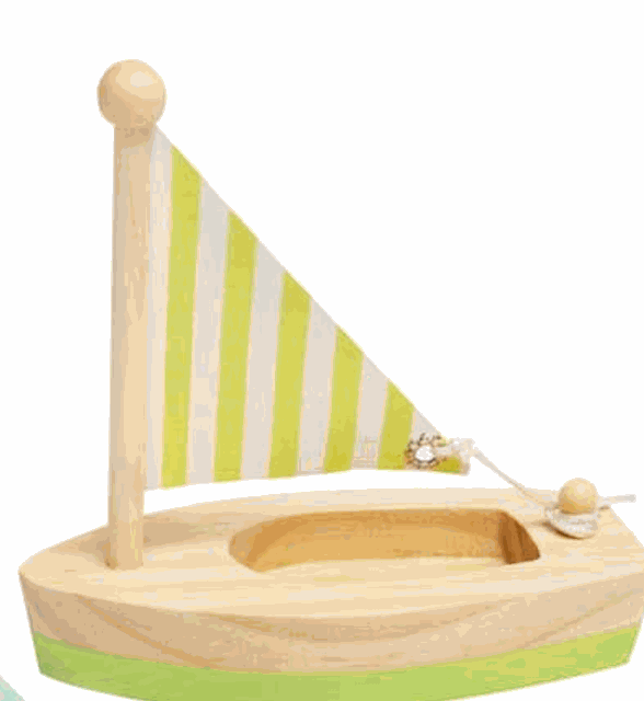 Wooden Toy Sailboat with green striped sail for imaginative play and nautical exploration