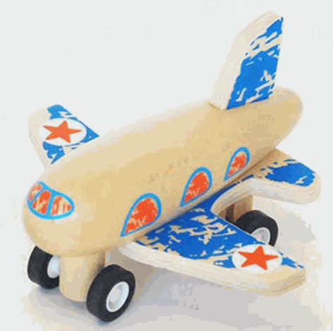 Colorful wooden pull-back plane toy with blue wings and red star decals for toddlers.