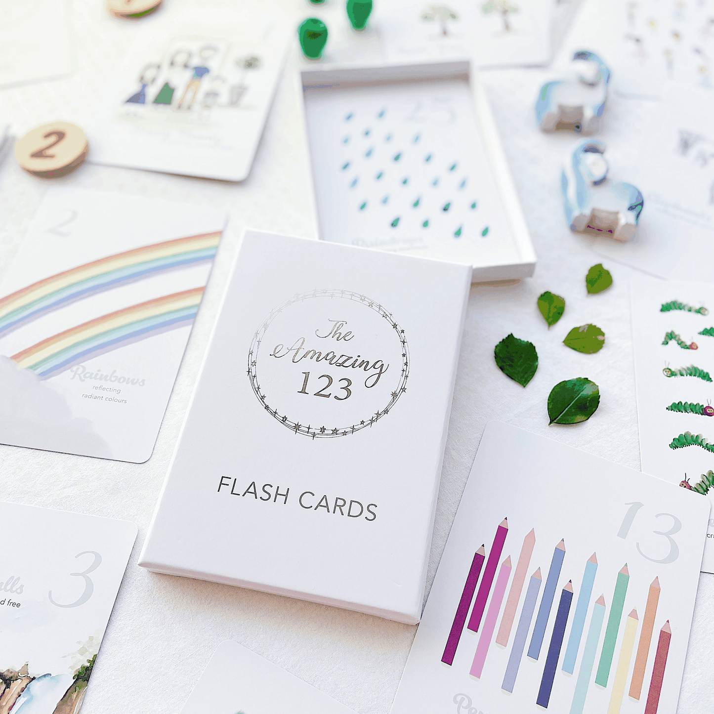 The Amazing 123 children's illustrated flash card gift set with colorful educational cards and silver foil detailing