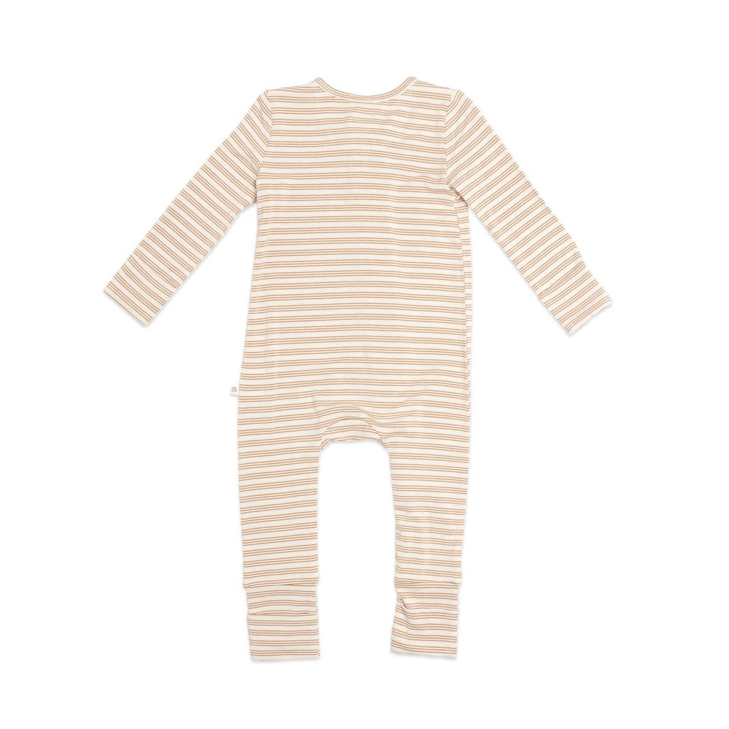Kynd Onesie neutral stripe baby romper made from soft sustainable viscose fabric with fold-over cuffs and two-way zip