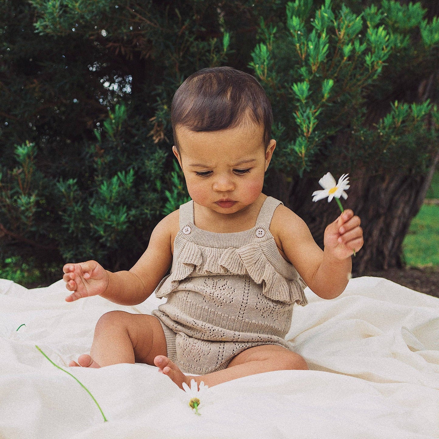 Kynd Pointelle Knit Frill Romper - Neutral