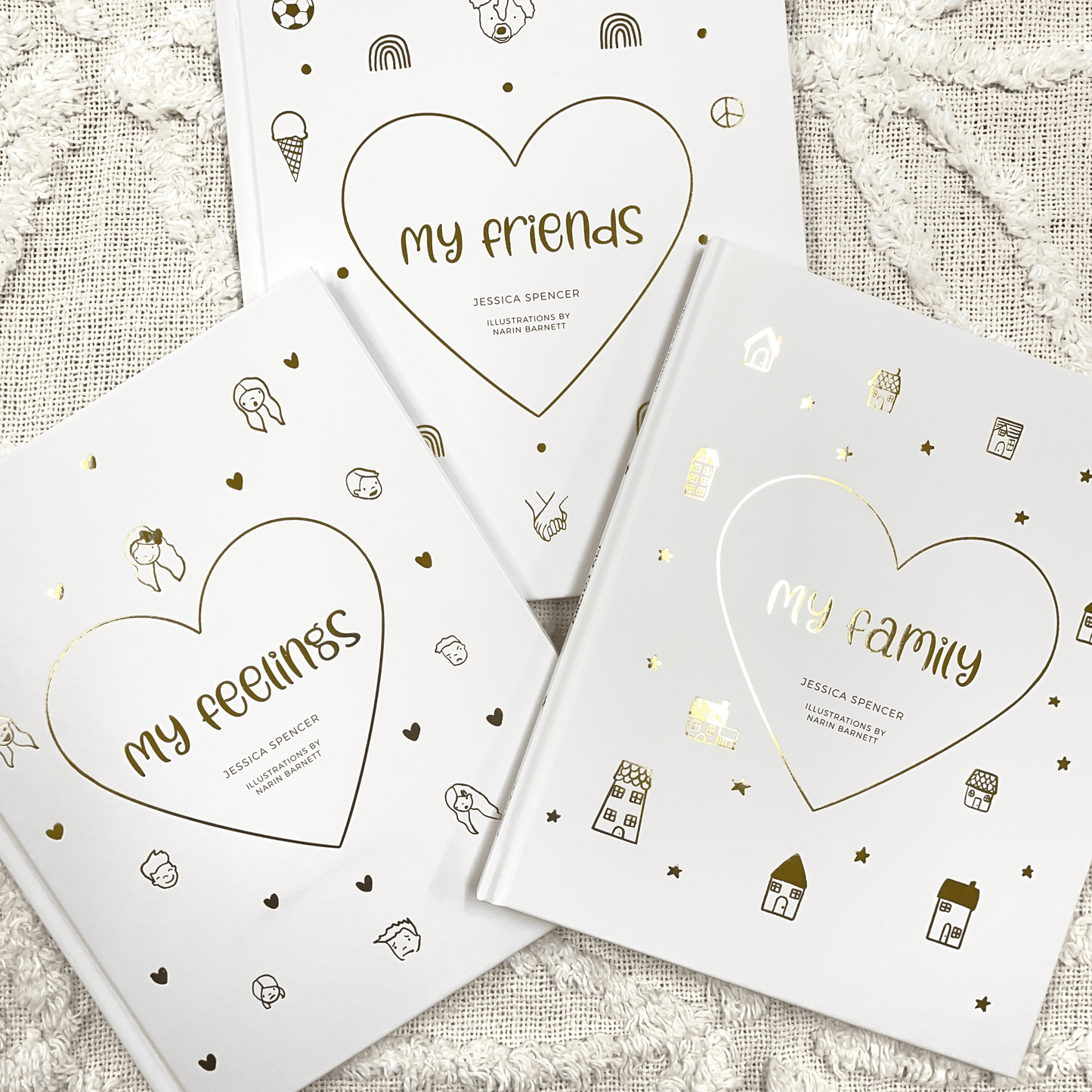 My Friends children's book with gold foil heart and playful illustrated icons on white cover