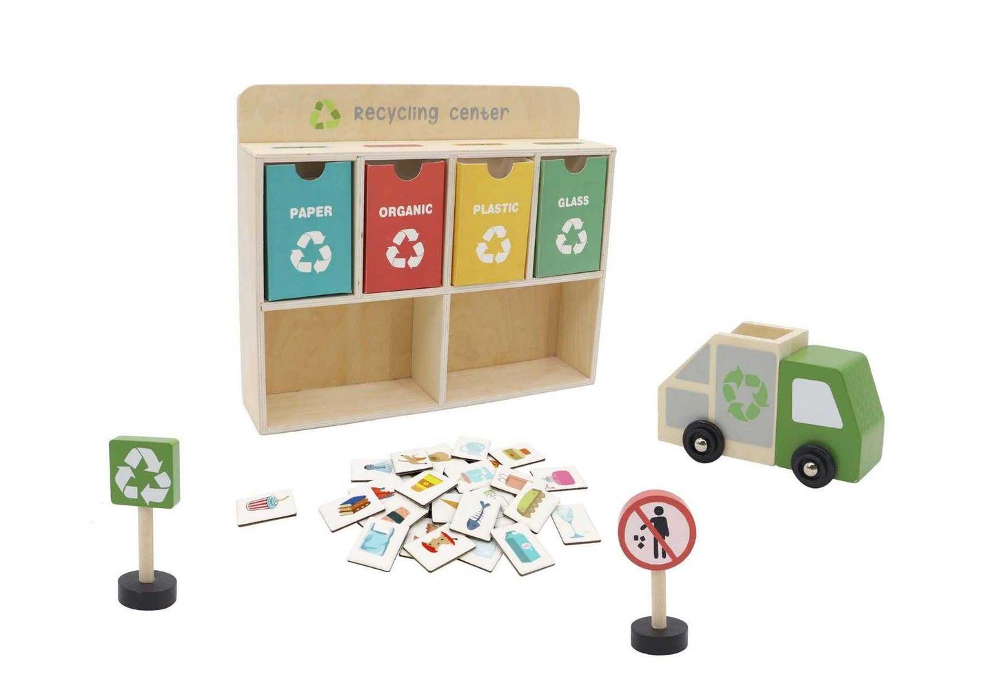 Wooden Recycling Centre play set with bins for sorting paper, organic, plastic, and glass, including recycling truck and educational signs