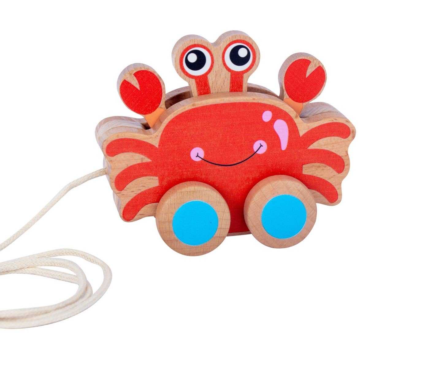 Wooden pullalong crab toy with wheels and pull string for toddlers
