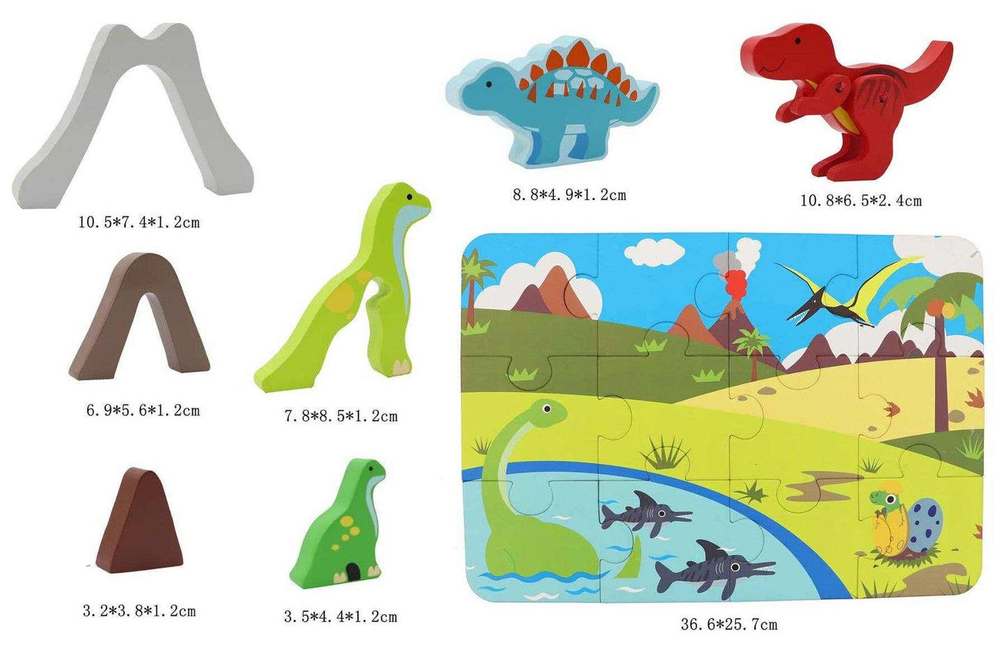 Dinosaur playset with colorful dinosaur figures and thick cardboard puzzle pieces in a portable tin for kids aged 3 and up