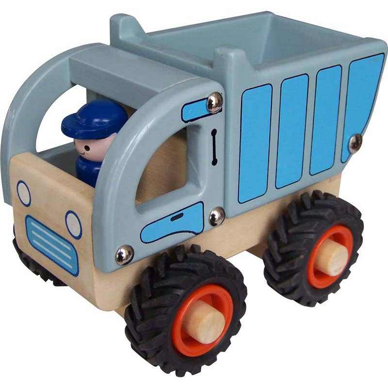 Wooden dump truck toy with blue cab and tilting bed for imaginative play