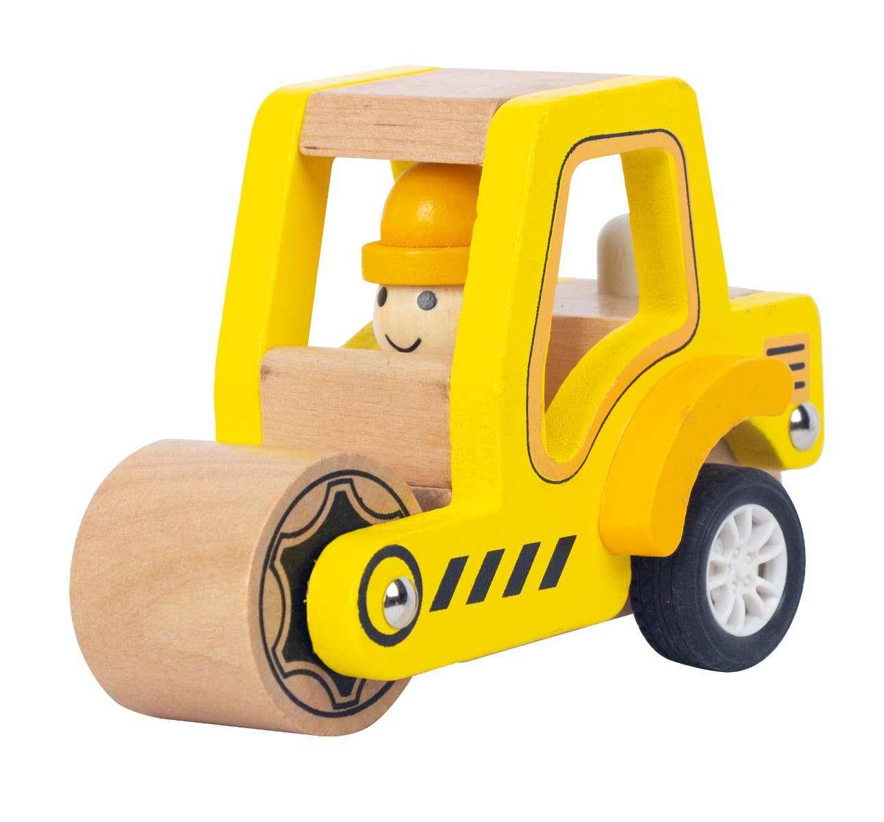 Wooden pullback road roller toy with yellow frame and smiling driver figure