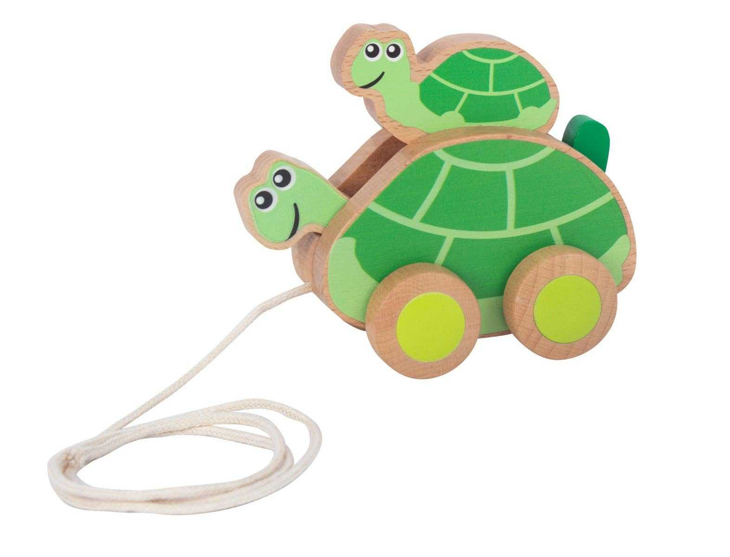Wooden pullalong toy with mummy and baby turtles in green and natural wood tones