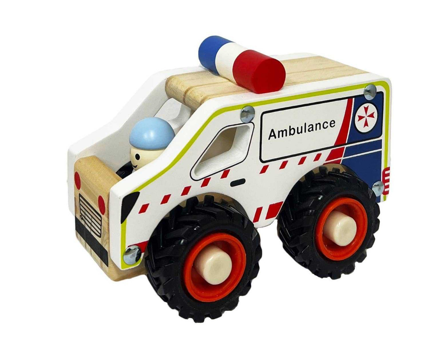 Wooden Ambulance toy with Australian design and smooth rolling wheels for imaginative play