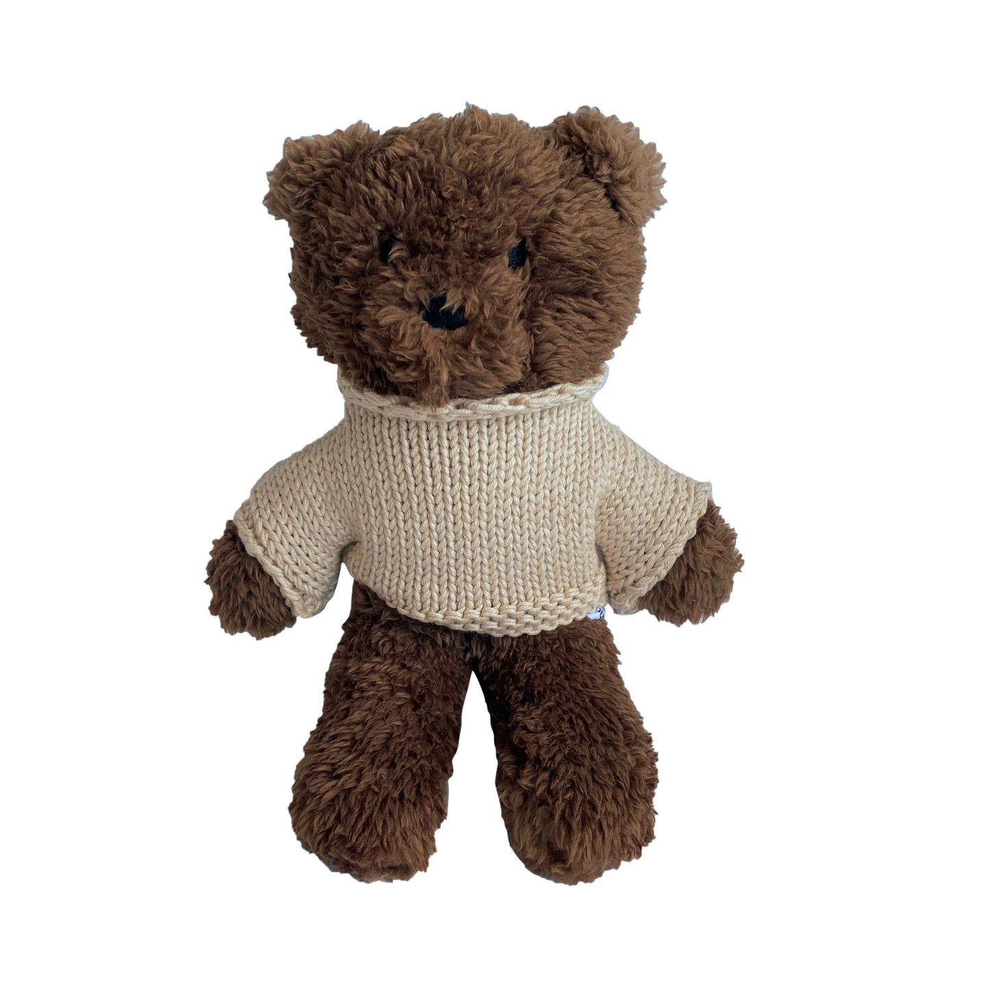 Milo the Bear chocolate plush toy wearing beige merino wool jumper, 31cm tall cuddly companion