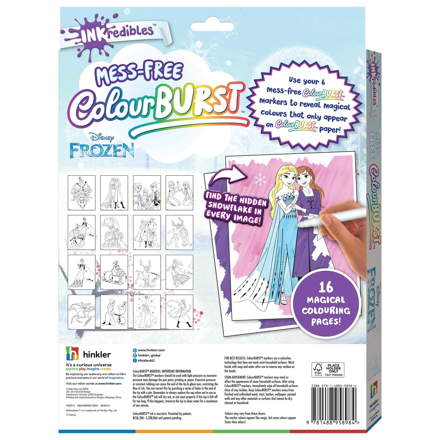 Frozen ColourBurst kit with 16 magical colouring pages featuring Elsa and Anna from Disney Frozen