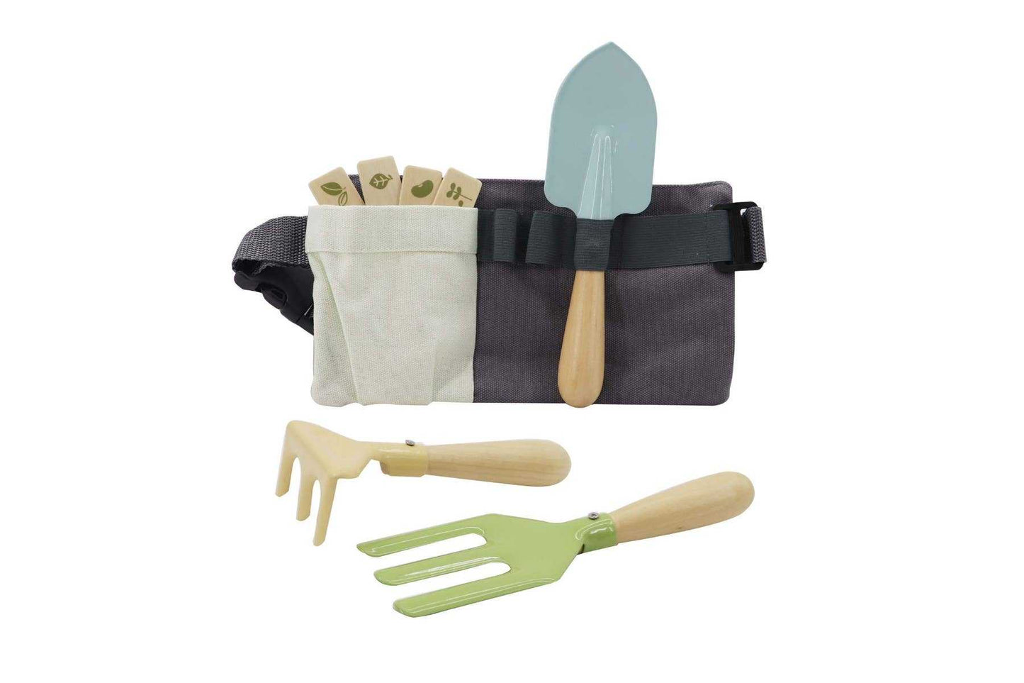 Wooden garden tool belt playset with wooden tools and pouch for kids gardening play