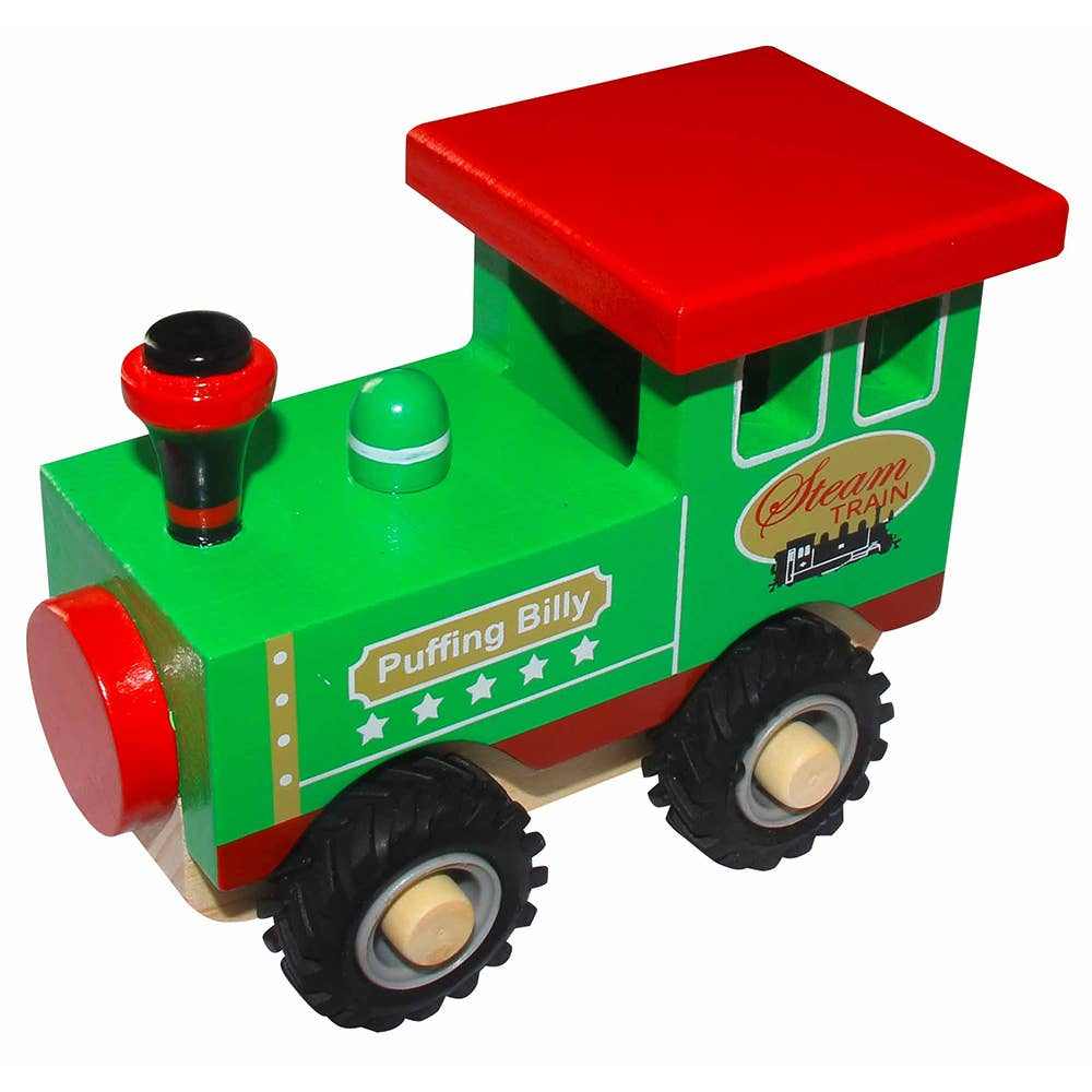 Puffing Billy Green Train wooden toy with red roof and black wheels for kids aged 3 and up