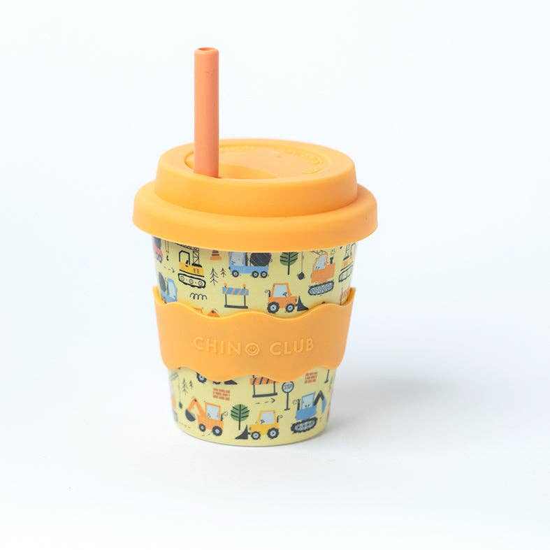 Digger Babychino Cup 4oz bamboo with silicone lid and grip, spill-proof toddler cup with digger truck design