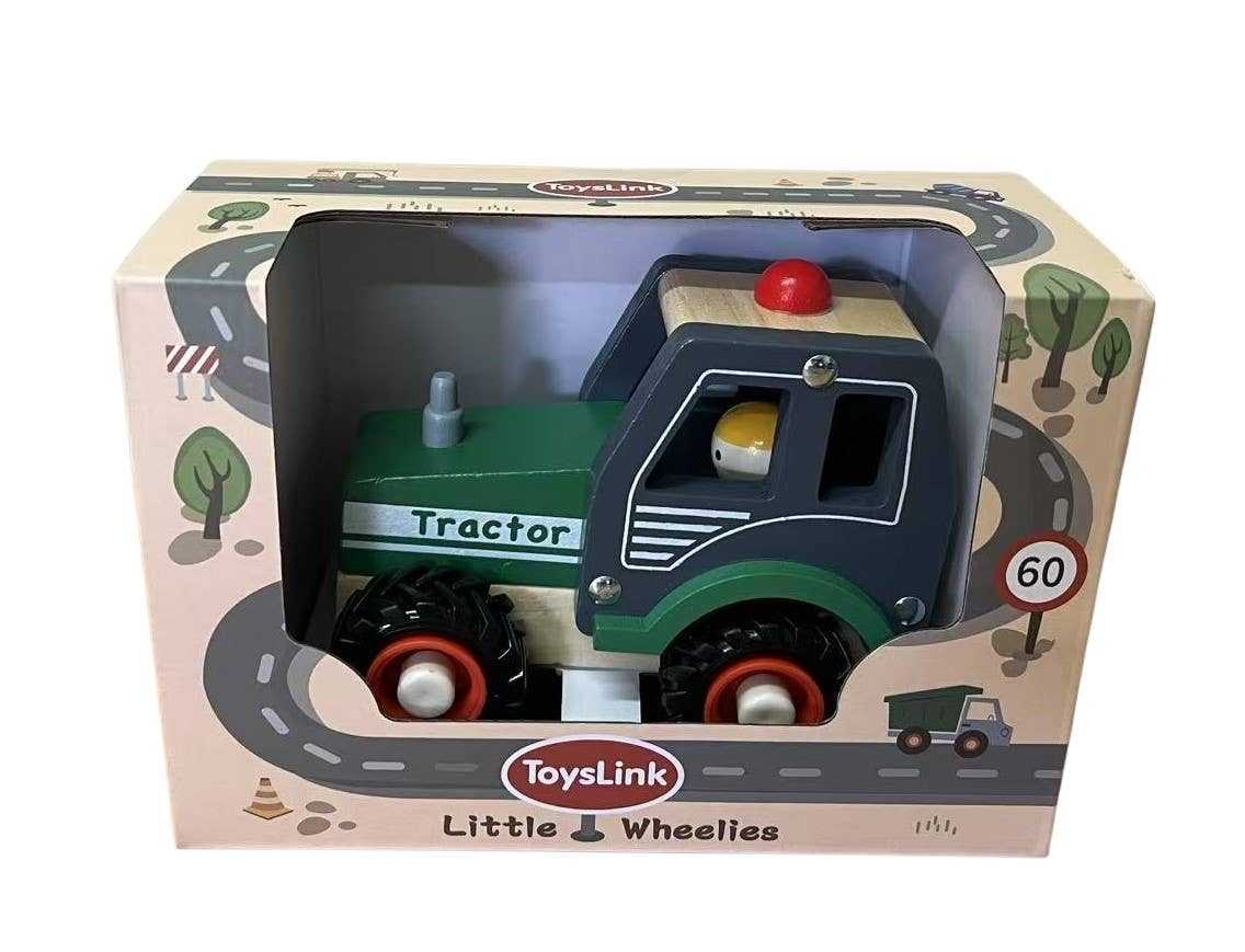 Wooden green tractor toy in packaging for imaginative farm play and motor skill development