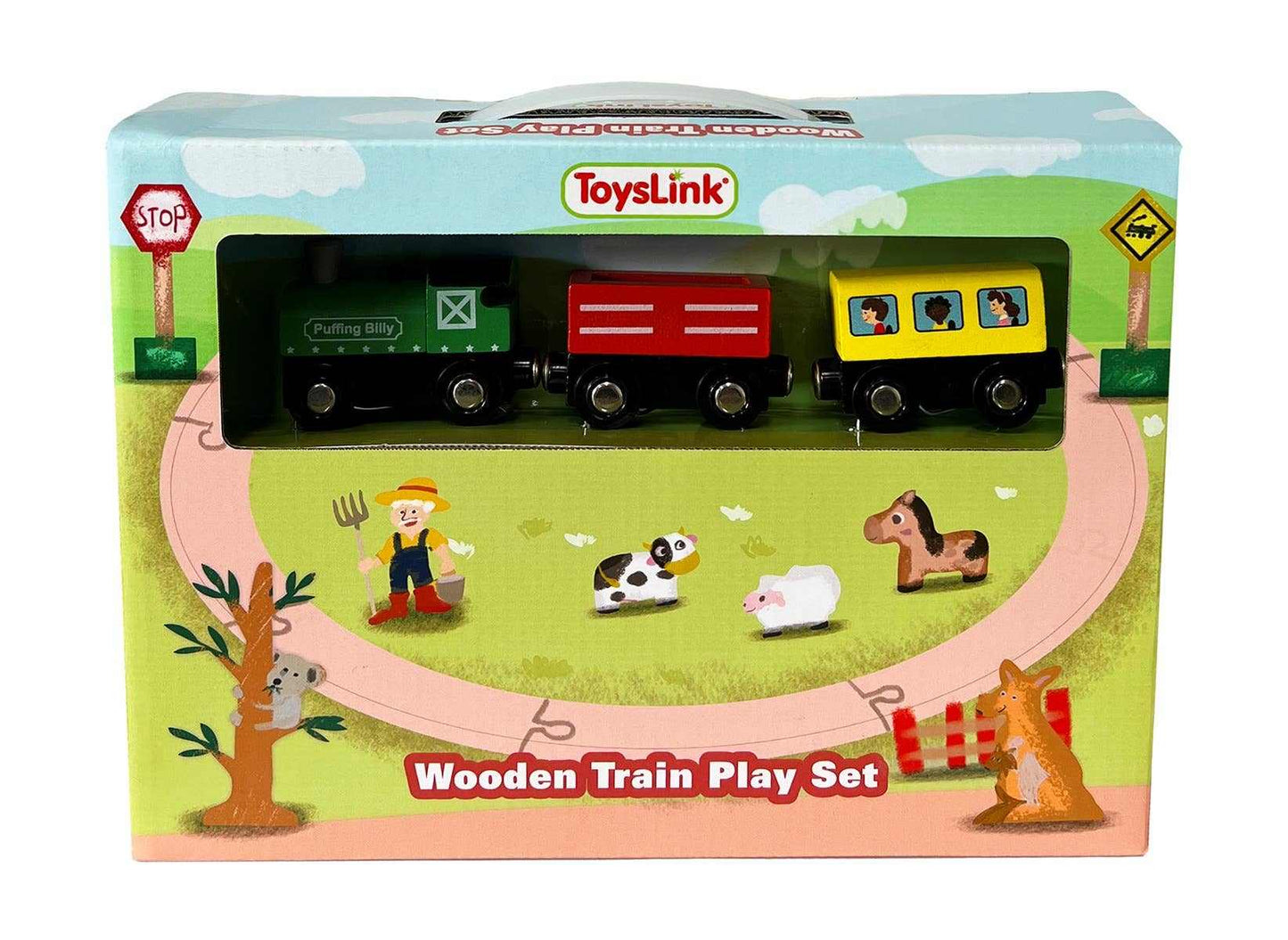 Wooden Magnetic Puffing Billy Train play set with colorful train cars and animal figures in packaging