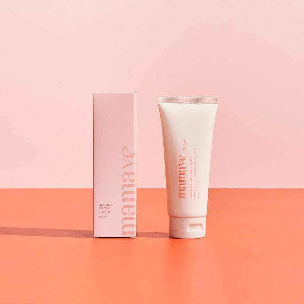 Bubba's Barrier Cream tube and box on orange surface for baby rash protection and moisturizing