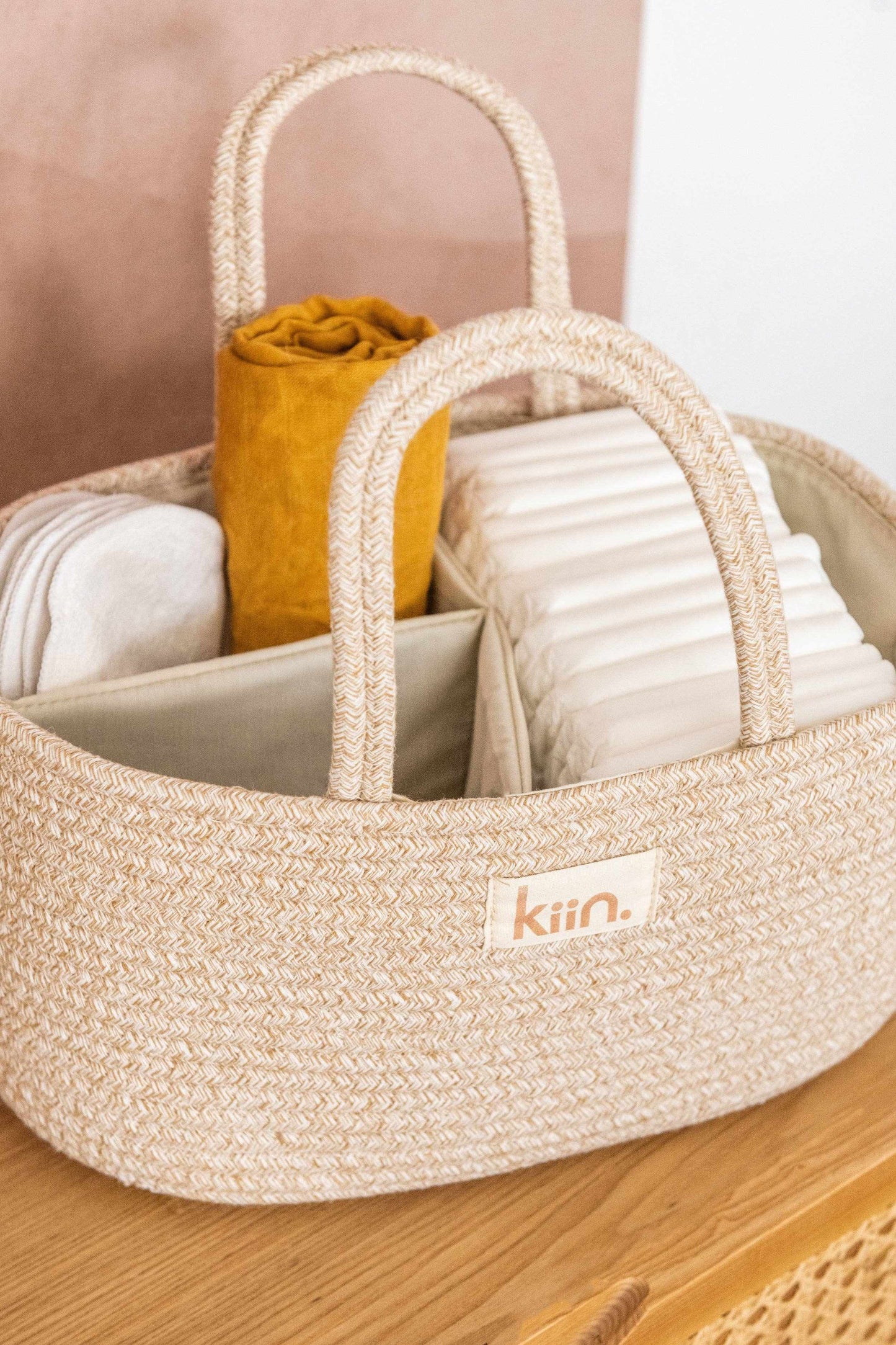 Kiin Cotton Rope Nappy caddy organiser with removable divider, natural cotton rope design, and nursery storage essentials.