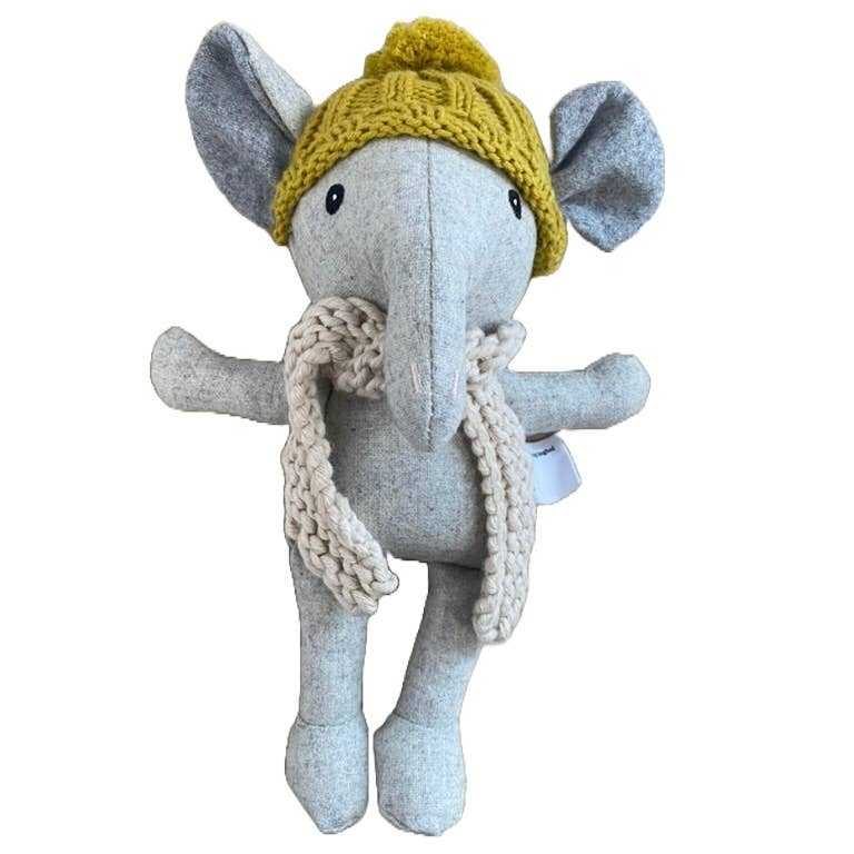 Myrtle the Elephant plush toy wearing yellow knitted beanie and scarf made from Australian merino wool