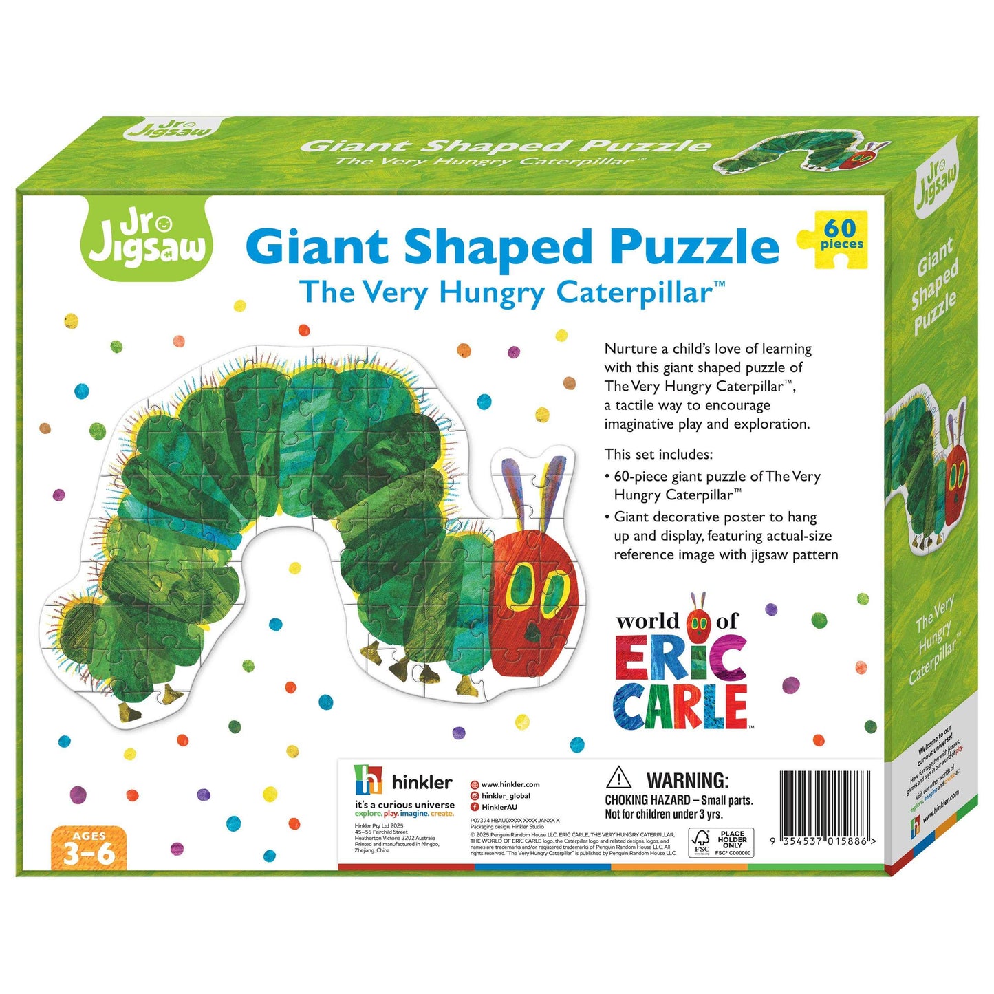 Hungry Caterpillar Puzzle giant shaped 60-piece jigsaw for kids ages 3 to 6 featuring Eric Carle artwork