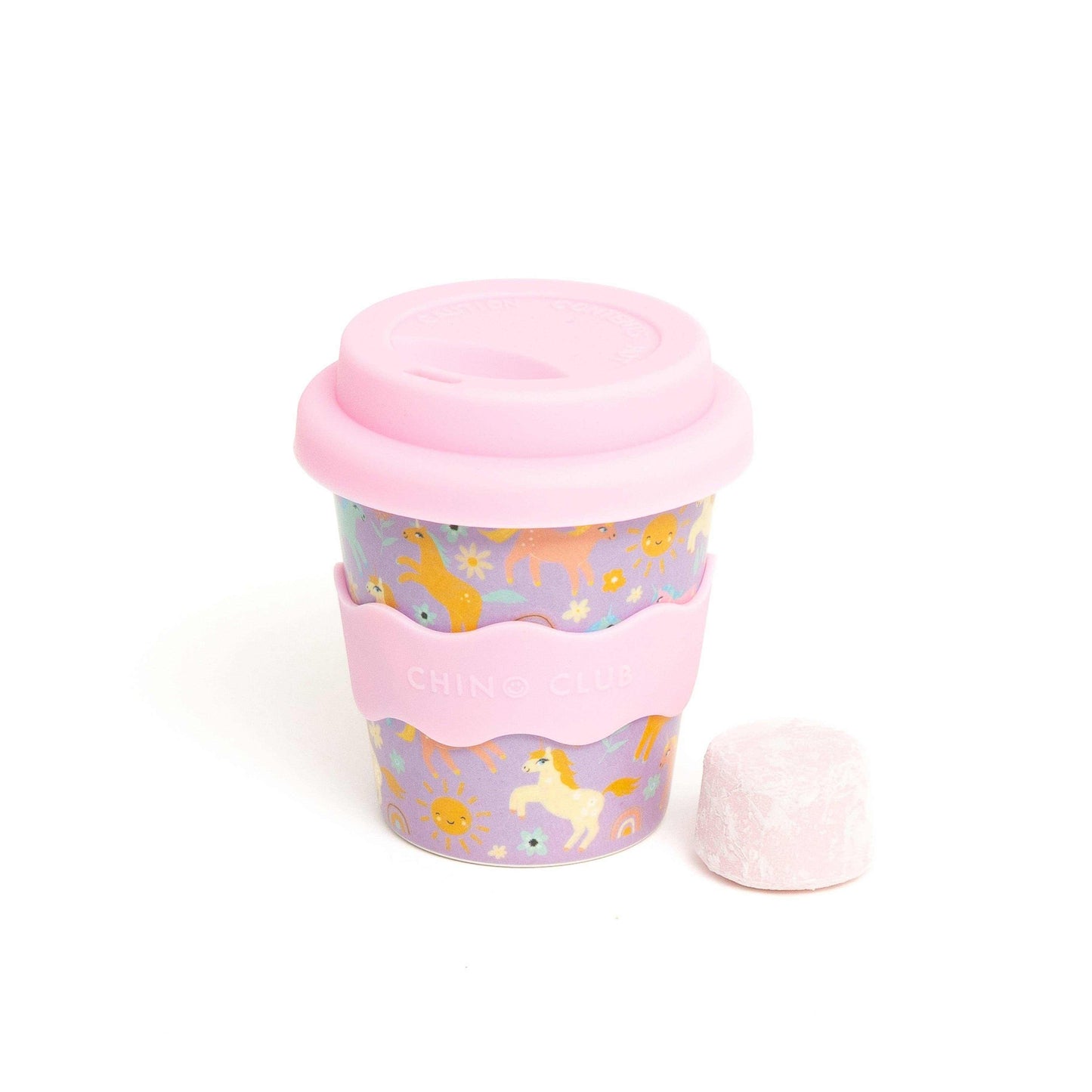 Purple Unicorn Babychino Cup 4oz with silicone lid and grip band, bamboo-based, eco-friendly reusable kids cup