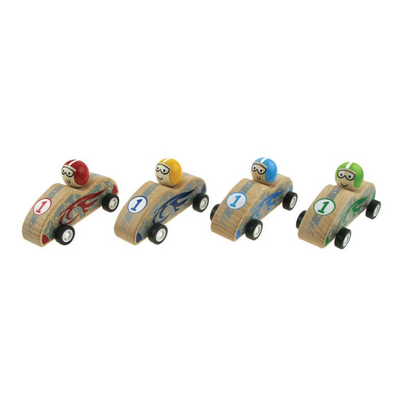 Set of four colorful wooden Pullback Racing Cars for kids with numbered designs and helmets