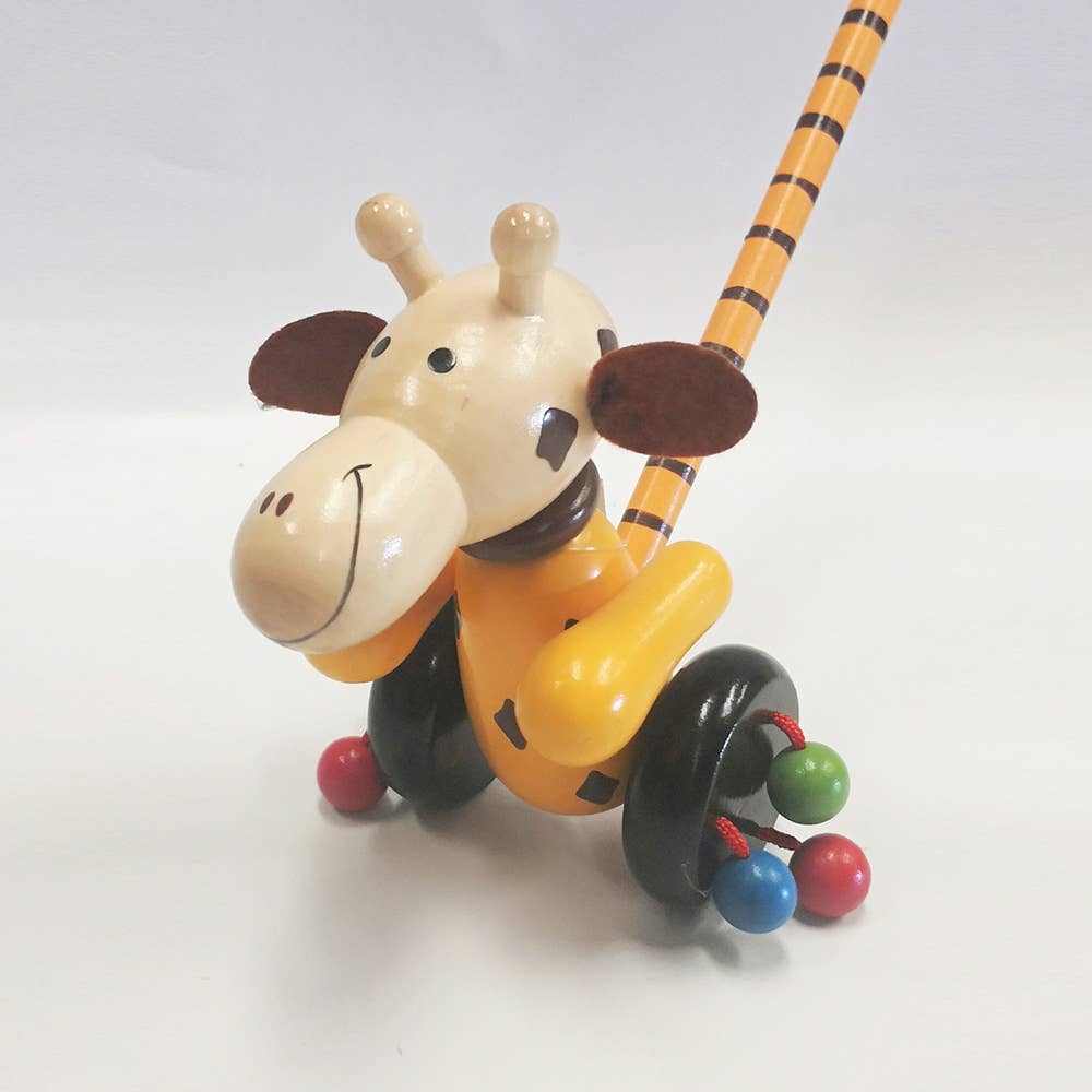 Wooden giraffe push toy with wheels and colorful beads for toddler play and motor skill development