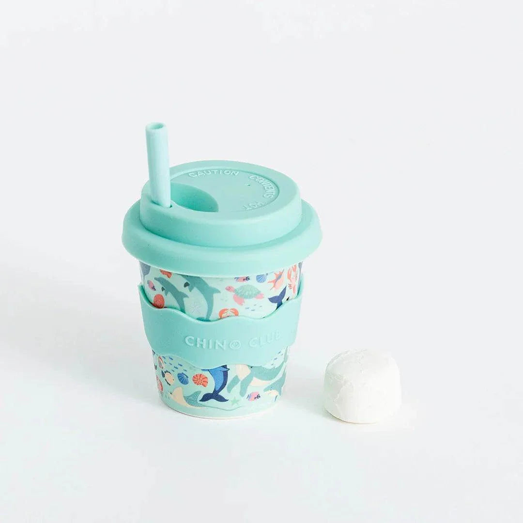 Sea Creatures Babychino Cup 4oz with silicone lid and grip band, bamboo eco-friendly cup with colorful ocean-themed design