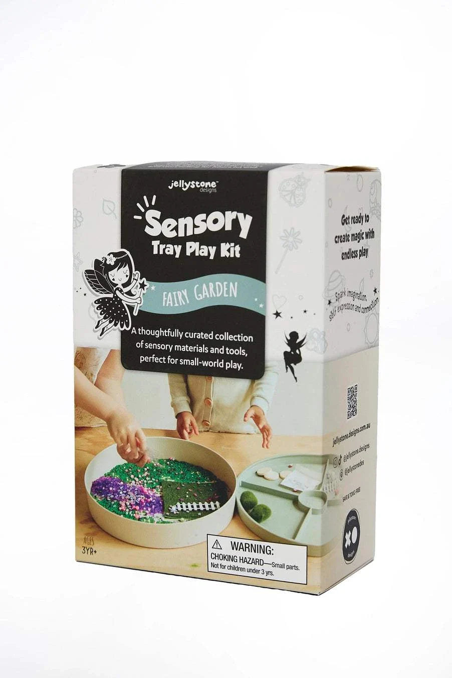 Sensory Kits Fairy Garden box with child hands playing with sensory materials and fairy figurine