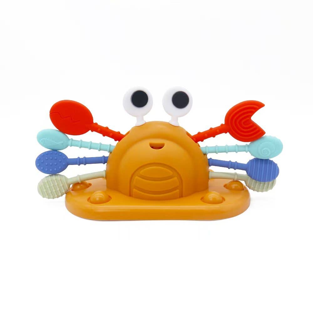 Silicone crab pull string sensory toy for toddlers with colorful tactile strings
