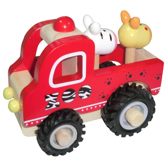 A wooden toy truck with animal figurines including a rabbit and a cow, predominantly red with black wheels and white animal figures.