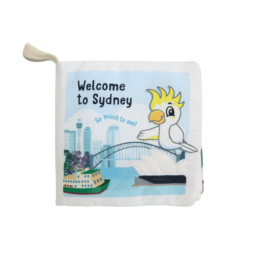 Melbourne & Sydney Baby Soft Book featuring colorful Sydney landmarks with plush, crinkly pages for sensory play and early learning.