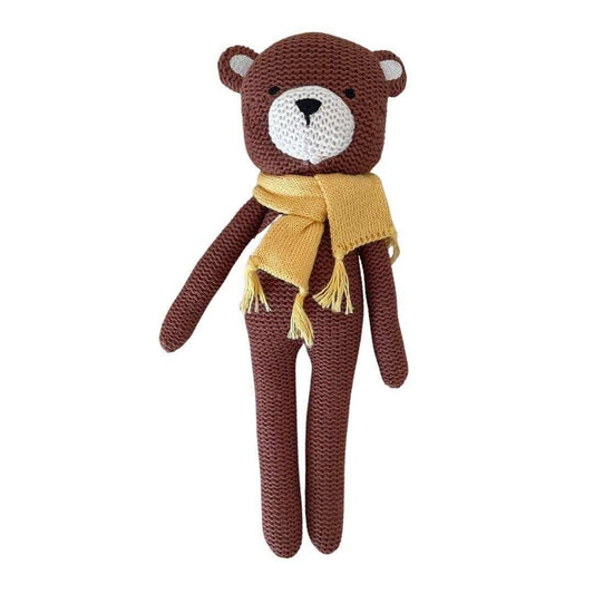 Barry the Bear knitted brown soft toy with yellow scarf and eco-friendly cotton outer.