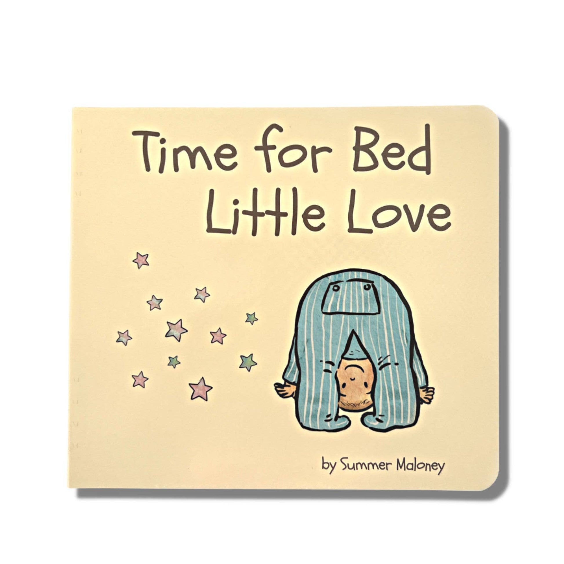 Board book with a illustration of a bear and a baby with the title 'Time for Bed Little Love' by Summer Maloney.