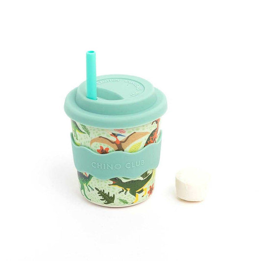 Green Dino Kids Keep Cup 8oz bamboo cup with silicone lid and straw in giftbox