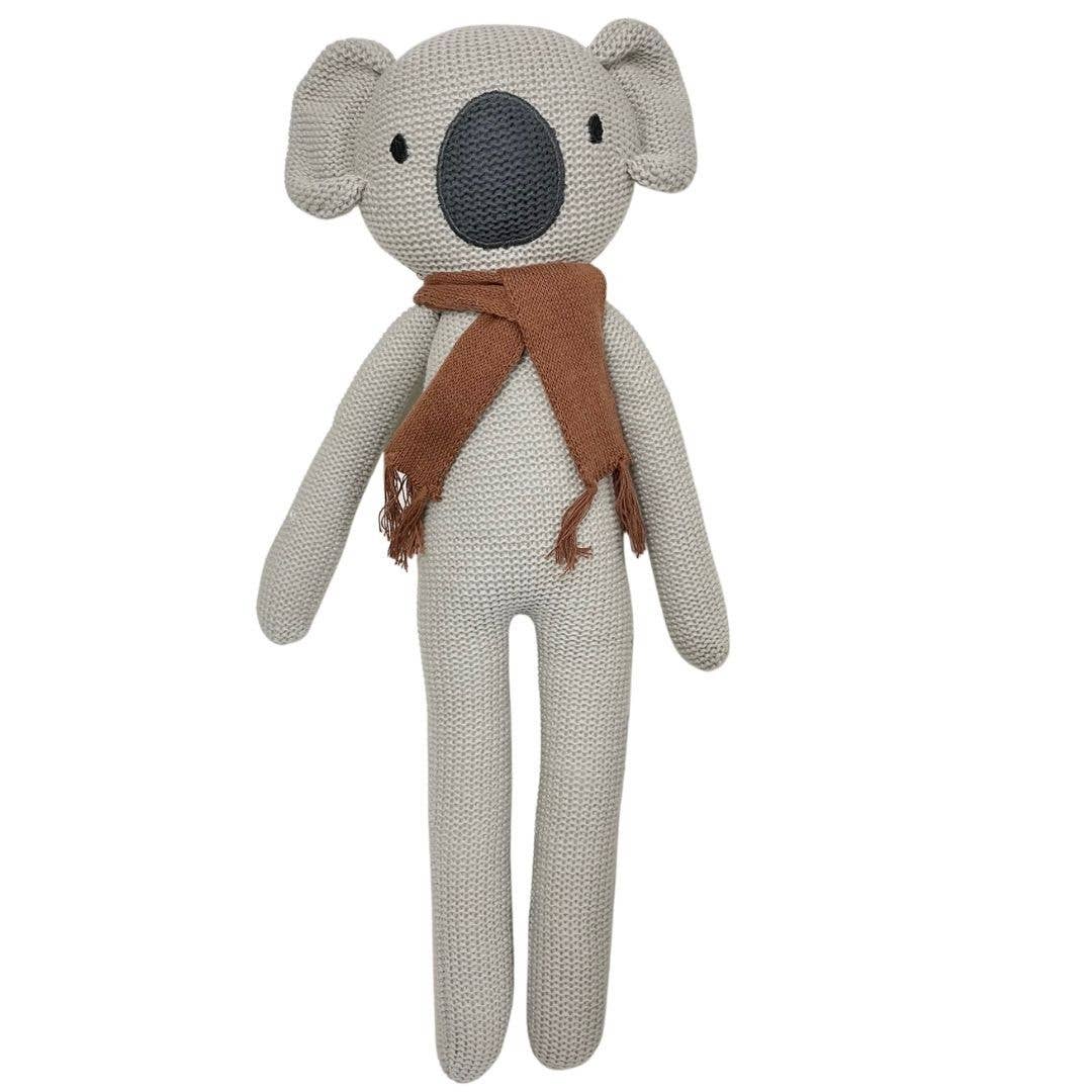 Kaia the Koala knitted soft toy with scarf, eco-friendly cotton and recycled filling, 38cm tall