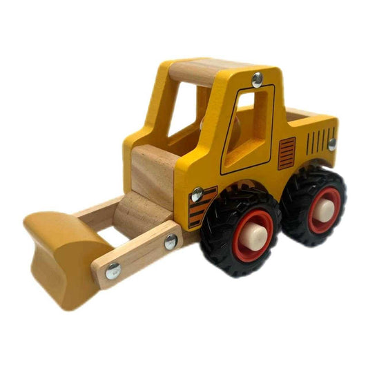 Wooden digger toy with yellow scoop and black wheels for imaginative play and motor skill development