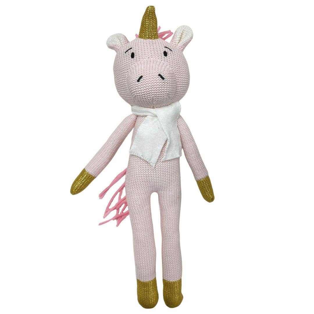 Uma the Unicorn knitted pink unicorn soft toy with gold horn and limbs, eco-friendly cotton outer, 43cm tall