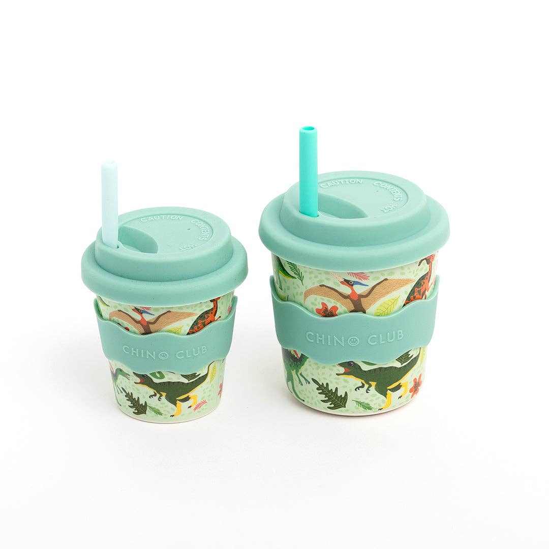 Green Dino Kids Keep Cup 8 oz bamboo cup with silicone lid and straw in giftbox