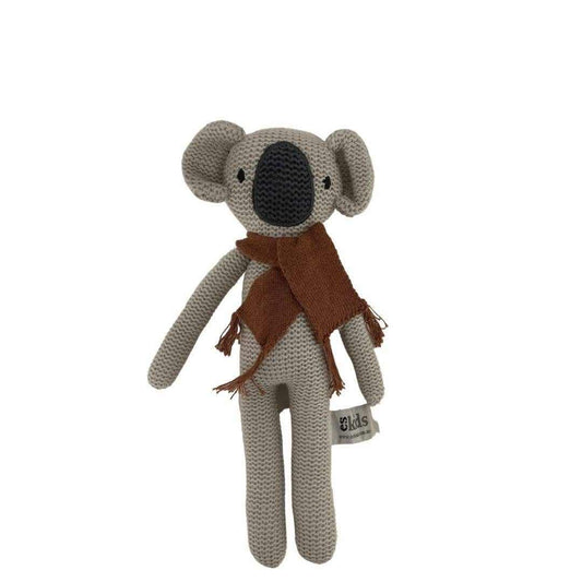 Kimberley the Koala Rattle knitted grey plush with brown scarf eco-friendly cotton and recycled filling
