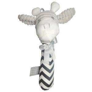 Grey and black Giraffe Stick Squeaker baby toy with monochrome pattern and sensory squeaker, 16cm size.
