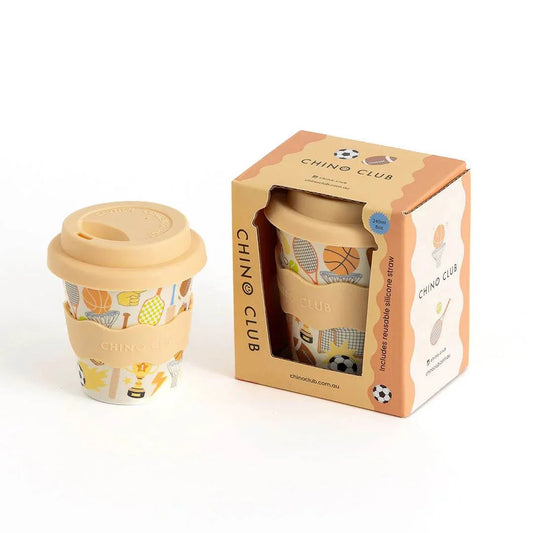 Eco-friendly Sports Babychino Cup 4oz with silicone lid and sports illustrations in gift box