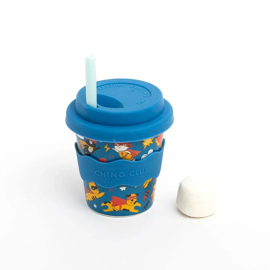 Superhero Babychino Cup 4oz bamboo cup with silicone lid and grip, colorful superhero design, eco-friendly and dishwasher safe
