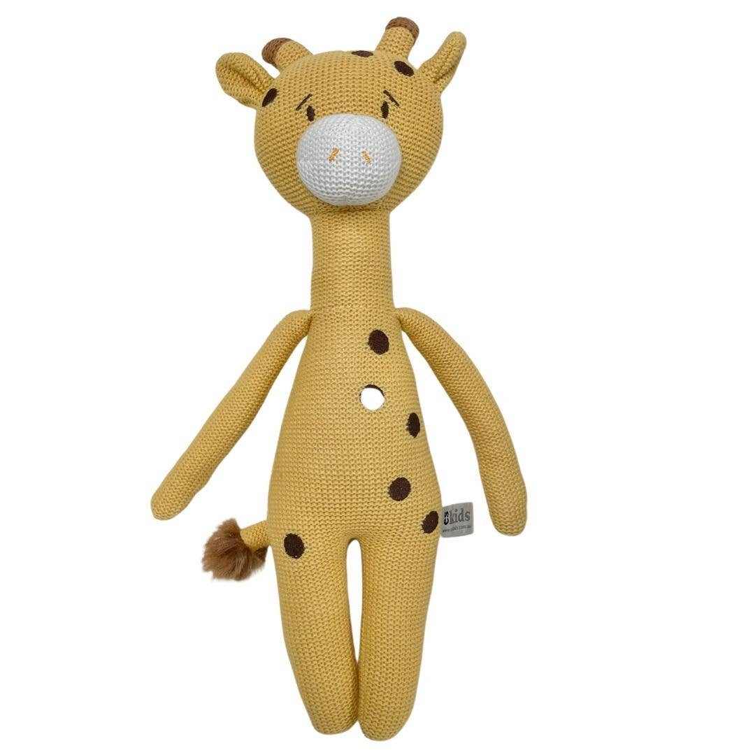 Gerry the Giraffe knitted yellow plush toy with eco-friendly cotton and recycled PET filling, 43cm tall