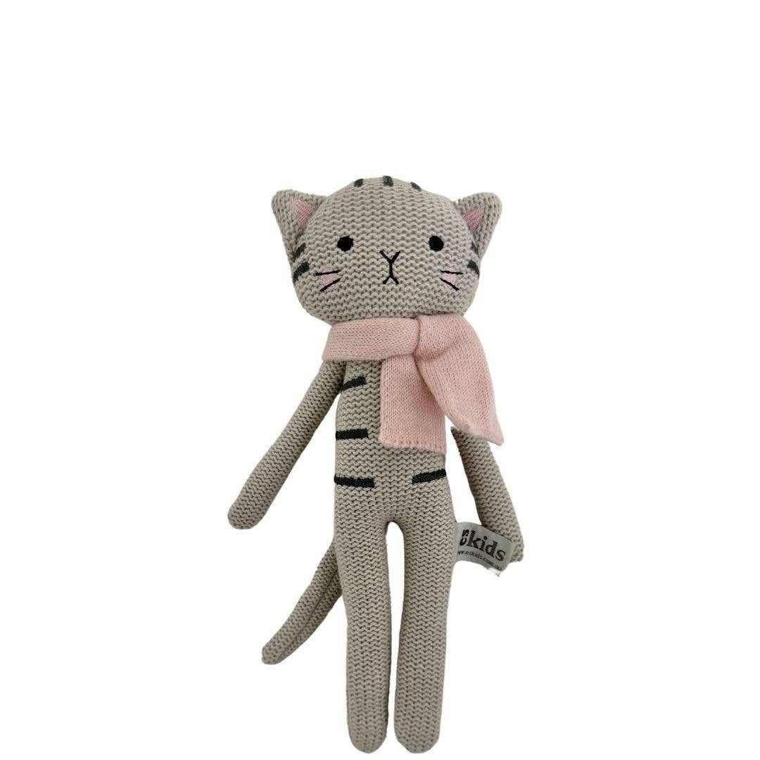 Charlie the Cat Rattle knitted cotton soft toy with pink scarf for babies and toddlers