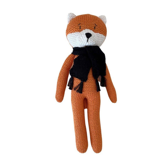 Fred the Fox knitted soft toy with eco-friendly cotton and recycled PET filling, 38cm tall.